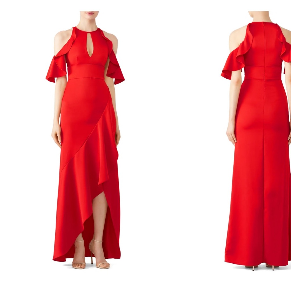 Monique Lhuillier Red Cold shoulder High Low Ruffle Dress NWT 6